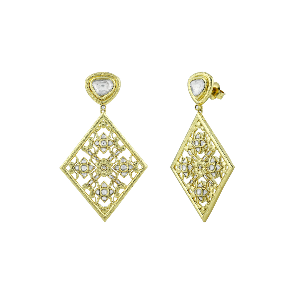 Polki Earrings with Gold Lattice Design